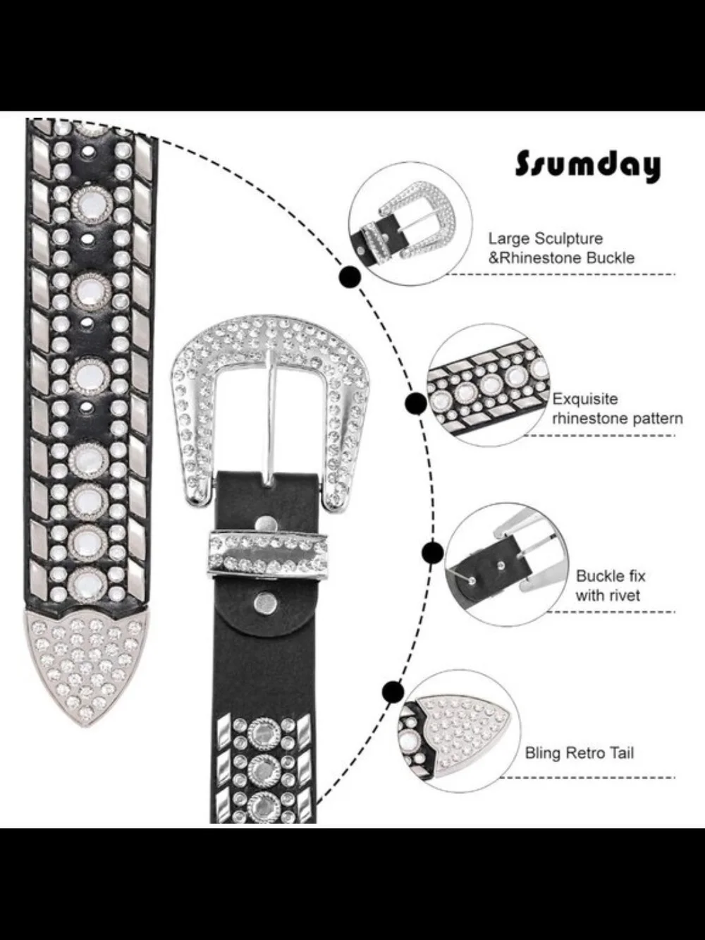 Rhinestone Studded Black Belt with Silver Buckle